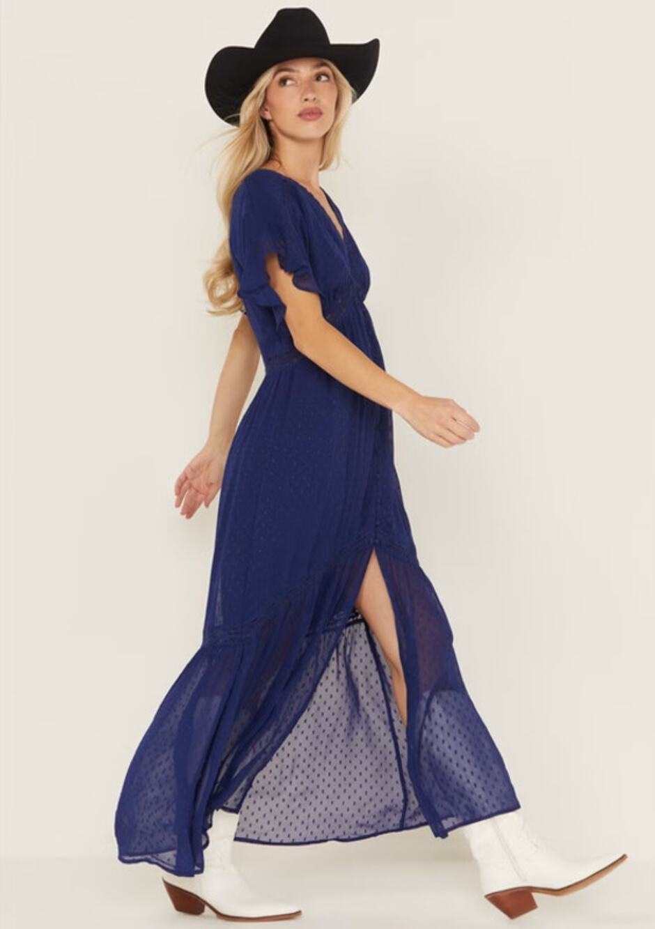 Shyanne Blue Lace Inset High-Low Maxi Dress Western Boho Size L
